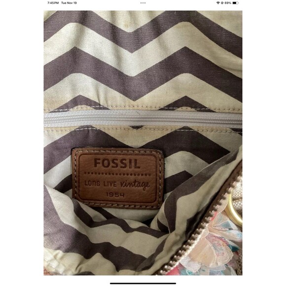 FOSSIL Grayson Beige Canvas Fabric Satchel Bag Added Floral Accessories ***READ - Picture 9 of 12